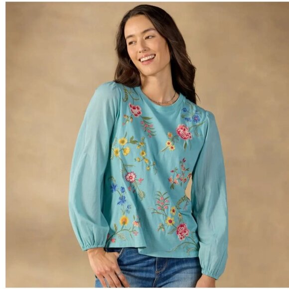 Johnny Was Tops - Johnny Was Sopia Mixed Media Top in Dusty Turquoise – Size Small – NWT